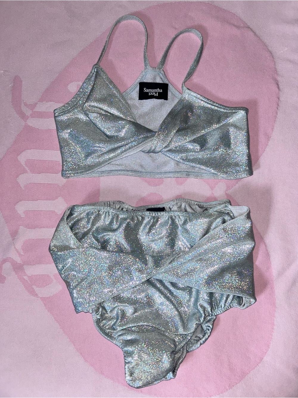 Samantha Pleet Silver / Pale Blue Holographic High-Waisted Bikini Swimsuit RARE
